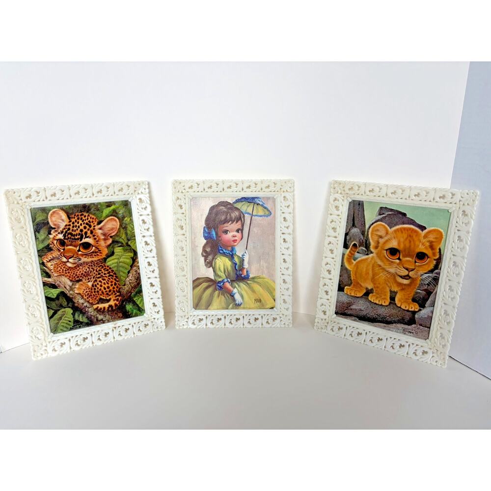 Set of 3 Maio & Guy Print Little Girl Big Eyes Green Parasol Lion Jaguar 8x9.5"